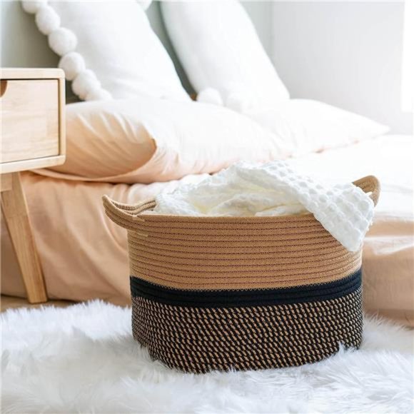 Square Cotton Rope Woven Basket with Handles for Books,Magazines,Toys-Decorative - Picture 3 of 7